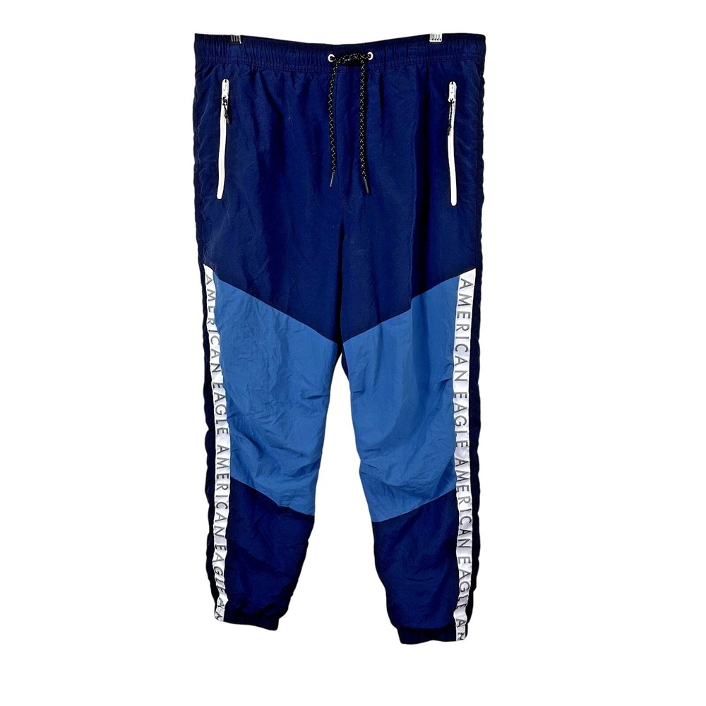 American Eagle Jogger Pants Blue Colorblock Nylon Windbreaker Zip Pockets Mens M